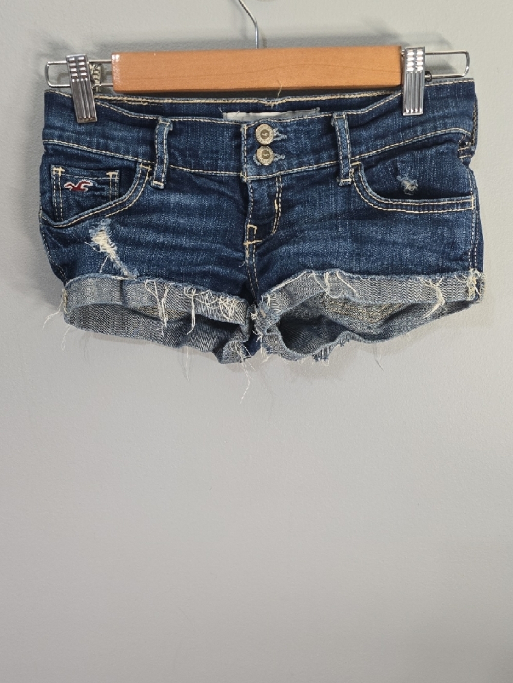 Hollister jean shorts womens size 1 blue double button frayed-hem raw cut Summer - Picture 7 of 10